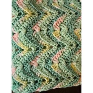 Handmade Crochet Blanket With Zigzag Pattern light & dark green pink & yellow